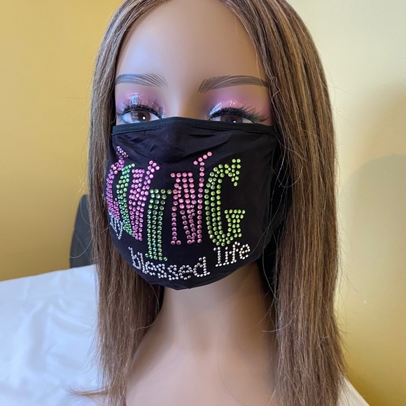 Living My Blessed Life Bling Rhinestone Face Mask Pink and Green - Picture 6 of 8